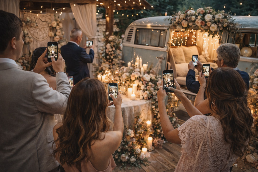 Instagrammable mariage : invités photographiant spontanément un décor élégant et chaleureux