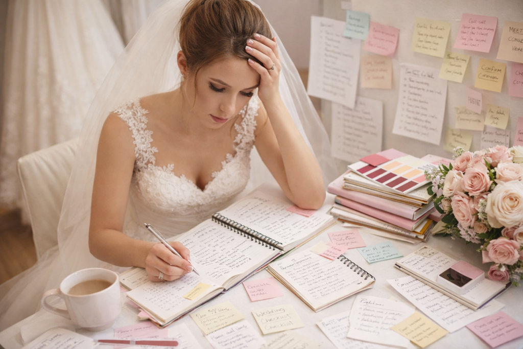 Une mariée entourée de listes et de carnets, en plein dans les préparatifs de son mariage