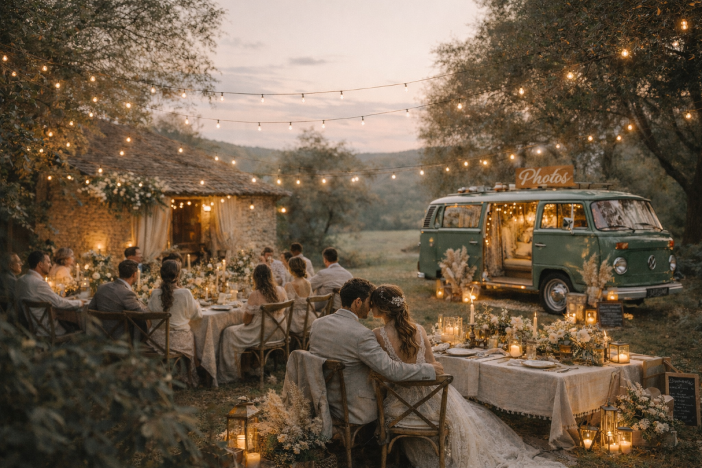 Décoration de mariage 2026 aux tons beiges et verts avec une ambiance chaleureuse et naturelle