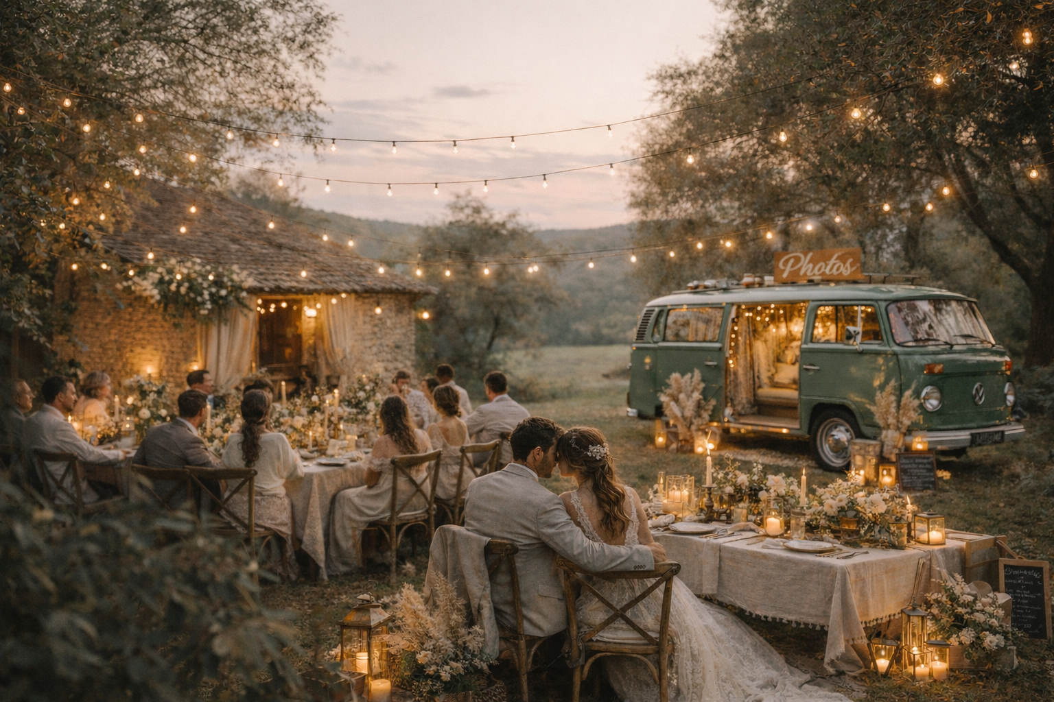 Décoration de mariage 2026 aux tons beiges et verts avec une ambiance chaleureuse et naturelle